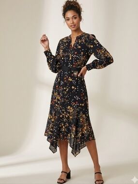 Karl Lagerfeld Paris Asymmetricsl Floral Long Sleeve Women's Midi Dress